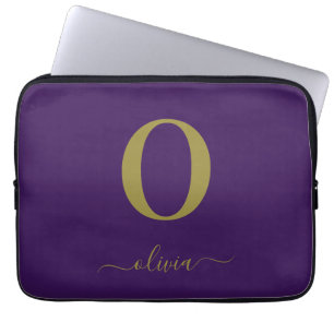 Monogram Skript Namn Personlig Lila Och Guld Laptop Fodral