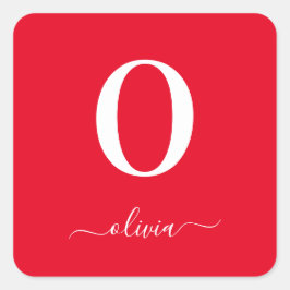 Monogram Skript Namn Personlig Röd Och Vit Fyrkantigt Klistermärke