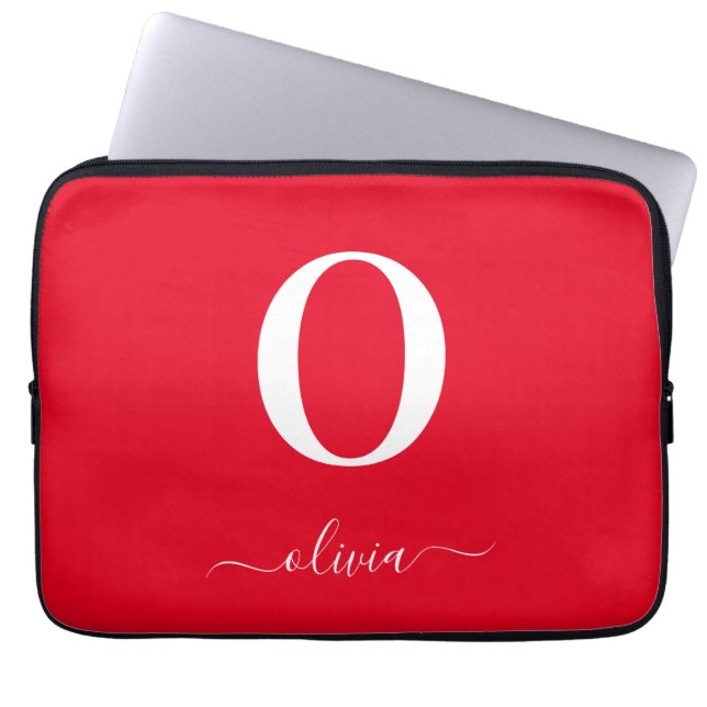 Monogram Skript Namn Personlig Röd Och Vit Laptop Fodral (Framsidan)