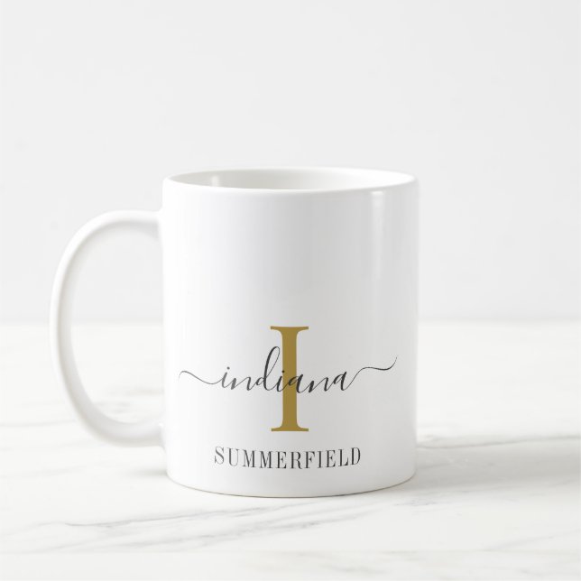 Monogram Skript Namn Stilig Guld Grå Minimalistisk Kaffemugg (Vänster)