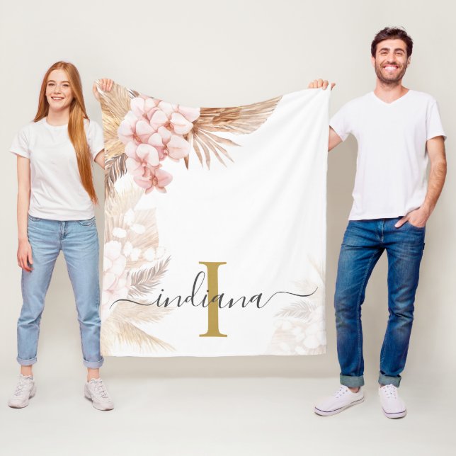 Monogram Skript Pampas Gräs Namn Initial Palmer Fleecefilt (På plats)