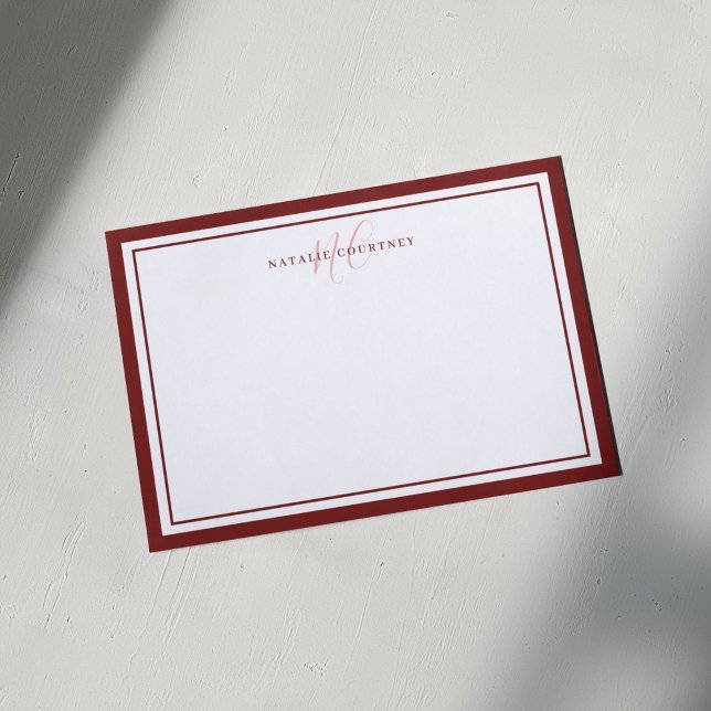 Monogram Skript Två Kant Elegant Minimalistisk Röd Anteckningskort (Skapare uppladdad)