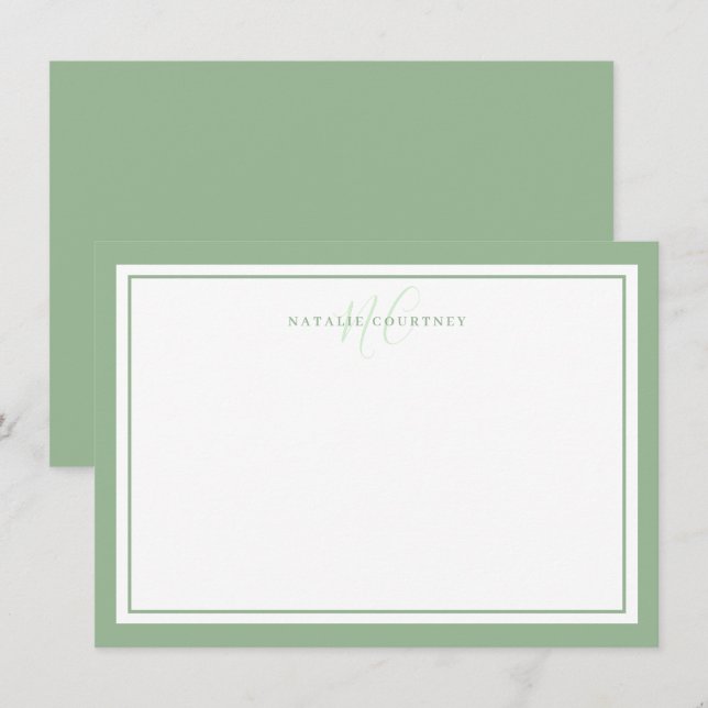 Monogram skript Två minimalistisk Sage-Grönt Gräns Anteckningskort (Fram/baksida)