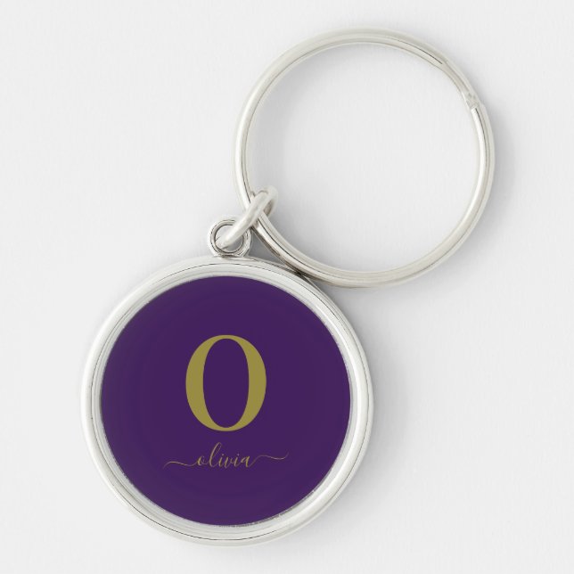 Monogram Skriptnamn Personlig Lila Och Guld Rund Silverfärgad Nyckelring (Framsidan)