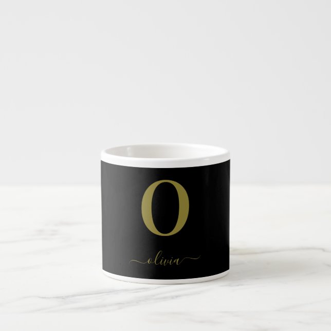 Monogram Skriptnamn Personlig Svart Och Guld Espressomugg (Framsidan)