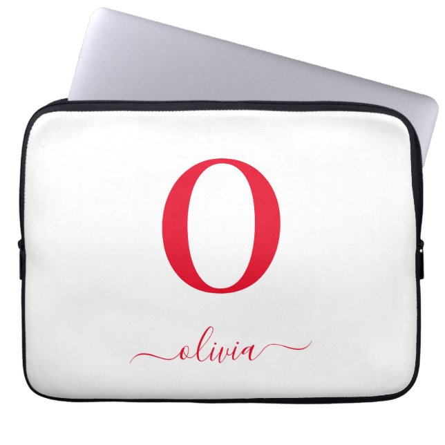 Monogram Skriptnamn Personlig Vitt Och Rött Laptop Fodral (Framsidan)