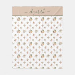 Monogram skrivstil Boho Pampas Gräs Rosa Beige Grö Fleecefilt