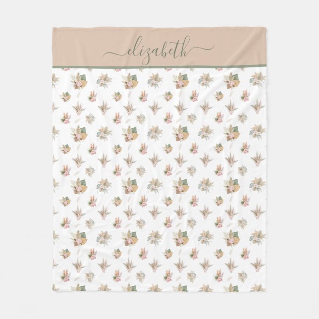 Monogram skrivstil Boho Pampas Gräs Rosa Beige Grö Fleecefilt (Framsidan)