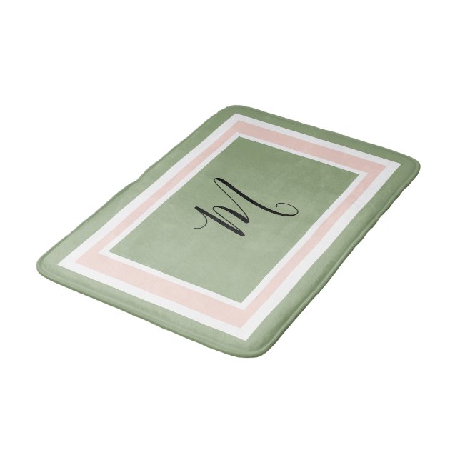 Monogram skrivstil geometrisk grön och rosa badrumsmatta (Vinklad)