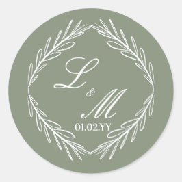 Monogram skrivstil gren Sage Green bröllop     Runt Klistermärke