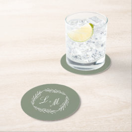 Monogram skrivstil gren Sage Green Bröllop    Underlägg Papper Rund