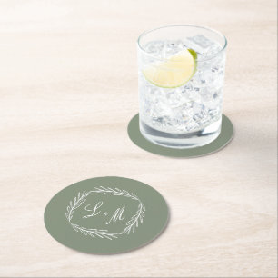 Monogram skrivstil gren Sage Green Bröllop Underlägg Papper Rund