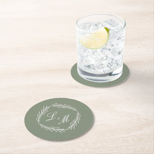 Monogram skrivstil gren Sage Green Bröllop    Underlägg Papper Rund (Insitu)