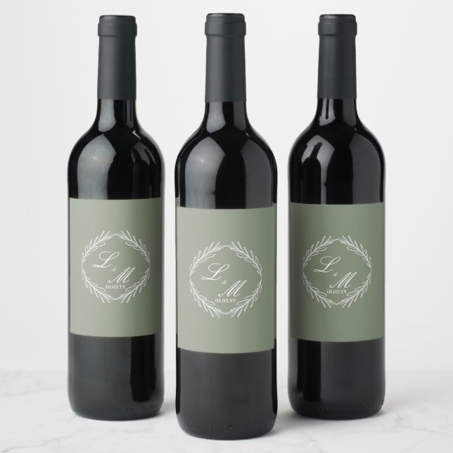 Monogram skrivstil gren sage grön bröllop    vinflaska etikett (Flaskor)