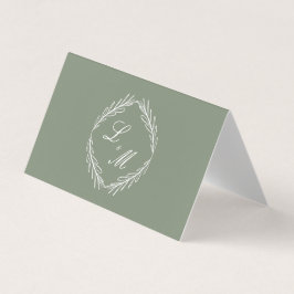 Monogram skrivstil gren sage grön bröllopsbord visitkort