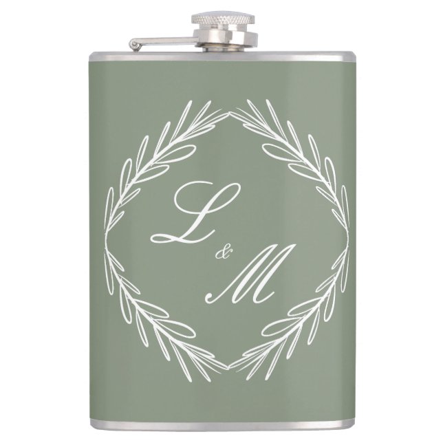 Monogram skrivstil gren sagegrön bröllop fickplunta (Framsidan)