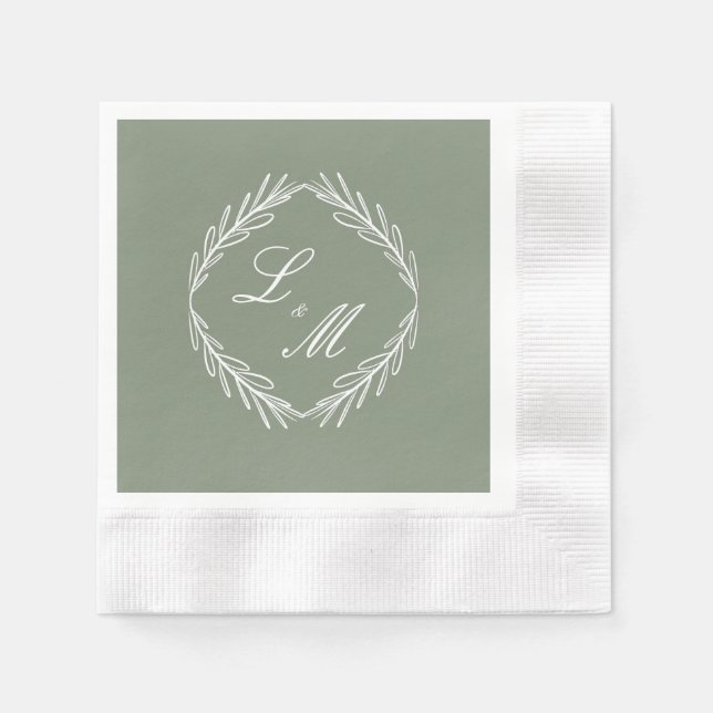 Monogram skrivstil gren sagogrön bröllopsservetter pappersservett (Framsidan)