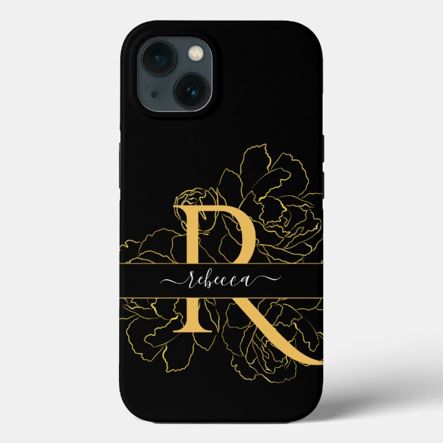 Monogram skrivstil Modernt Namn Svart Guld Blommig (Baksida)