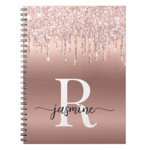 Monogram skrivstil Rosa Guld Metall Glitterdroppar Anteckningsbok