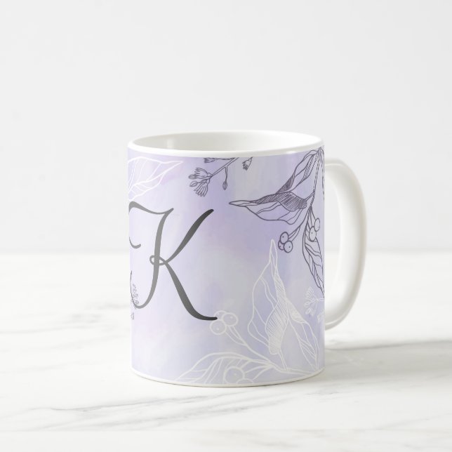 Monogram skrivstil Vit Grå Lila Blommig  Kaffemugg (Framsida höger)