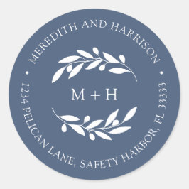 Monogram Slate Blue Bröllop Returadress Runt Klistermärke
