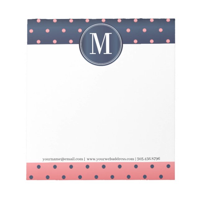 Monogram Slate Blue och Coral Polka dots Anteckningsblock (Framsida)