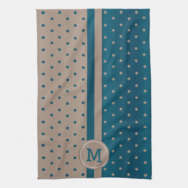 Monogram Slate Blue och Tan Polka Dot Kökshandduk (Vertikal)