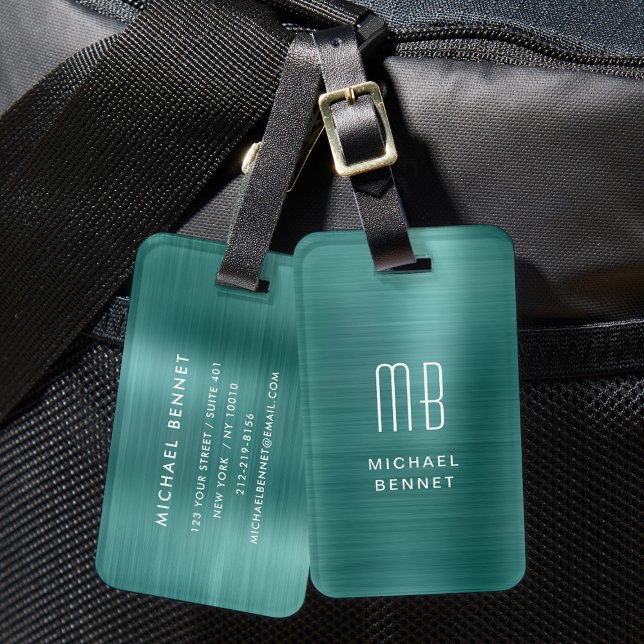 Monogram Smaragdgrön Borstad Metall Bagagebricka (Monogram Emerald Green Brushed Metal Luggage Tag)