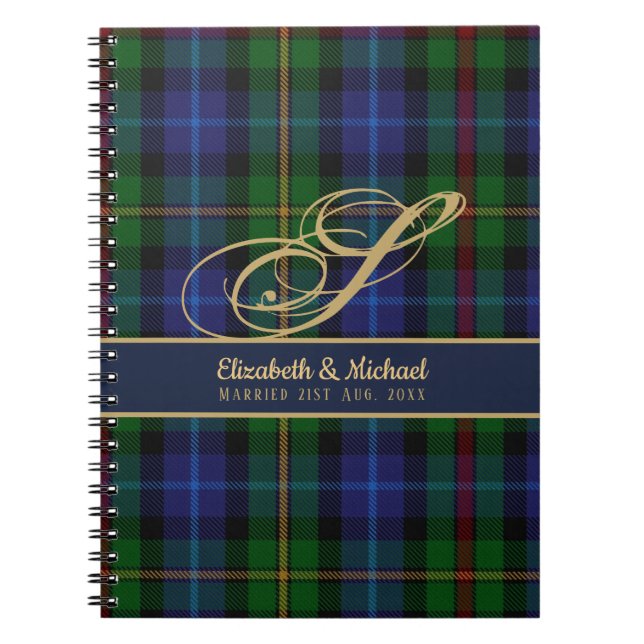 Monogram Smith Tartan Blue Grönt Guld Newlyweds Anteckningsbok (Framsidan)
