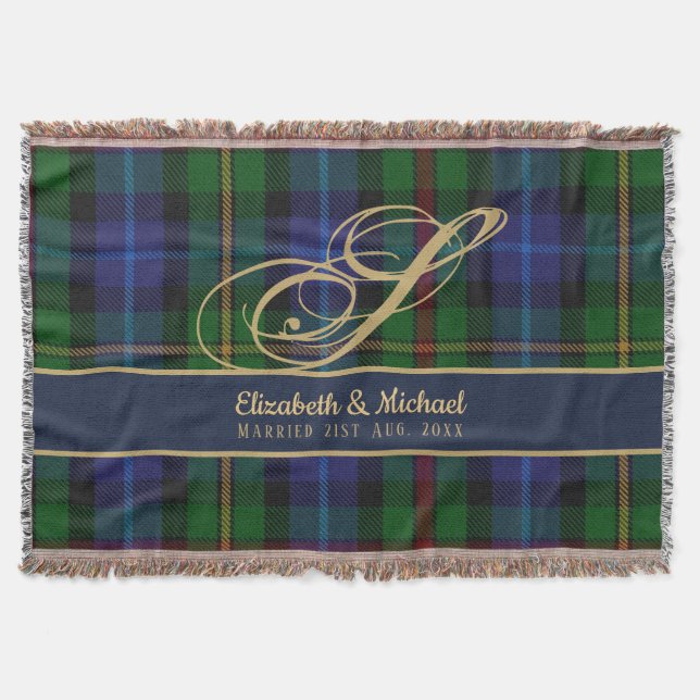Monogram Smith Tartan Blue Grönt Guld Newlyweds Filt (Framsidan)