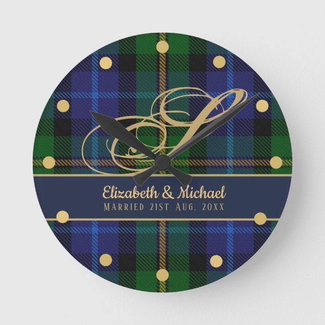 Monogram Smith Tartan Blue Grönt Guld Newlyweds Rund Klocka (Framsida)