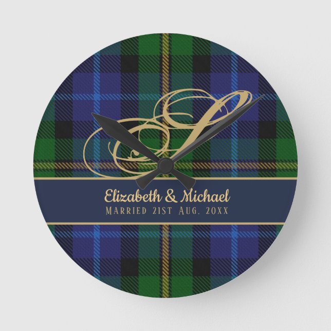 Monogram Smith Tartan Blue Grönt Guld Newlyweds Rund Klocka (Framsida)
