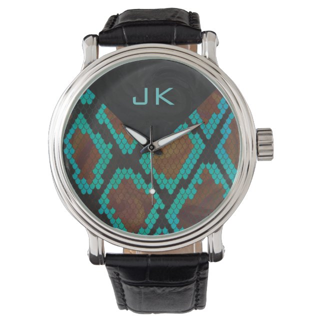 Monogram Snake Brown och Teal Print Armbandsur (Framsida)