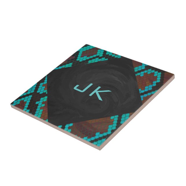 Monogram Snake Brown och Teal Print Kakelplatta (Sidan)