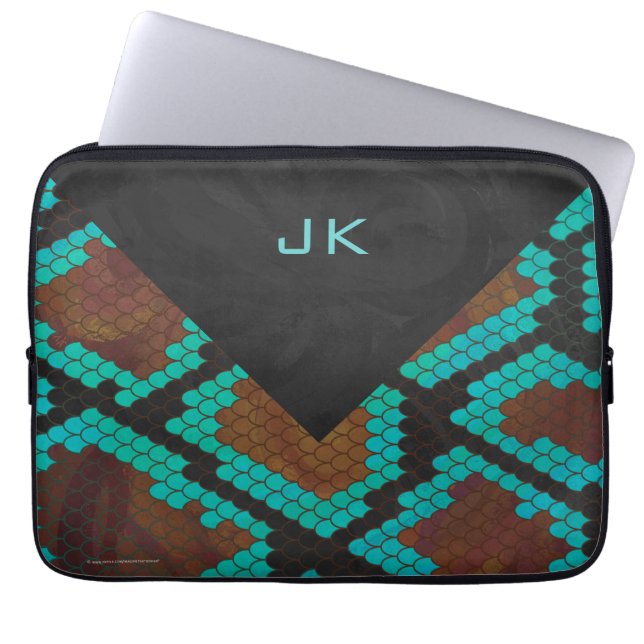 Monogram Snake Brown och Teal Print Laptop Sleeve (Framsidan)