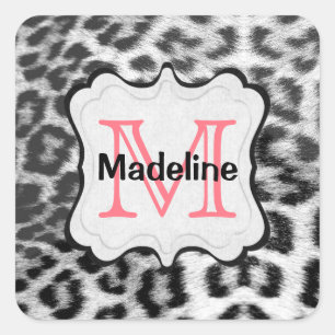 Monogram Snö Leopard Fyrkantigt Klistermärke
