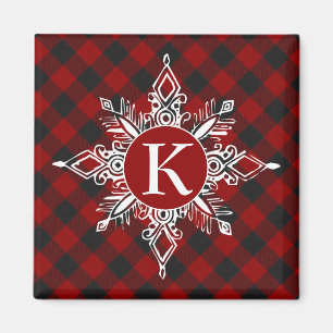 Monogram snöflinga på rutig mönster magnet
