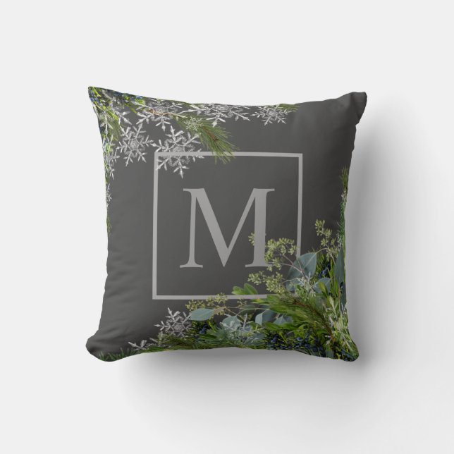 Monogram Snöflingor & Winter Foliage Grått Pillow Kudde (Framsida)