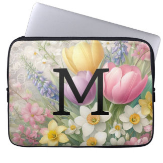 Monogram snöre blommigt pastel rosa tulips daffodi laptop fodral