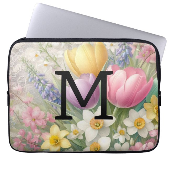 Monogram snöre blommigt pastel rosa tulips daffodi laptop fodral (Framsidan)