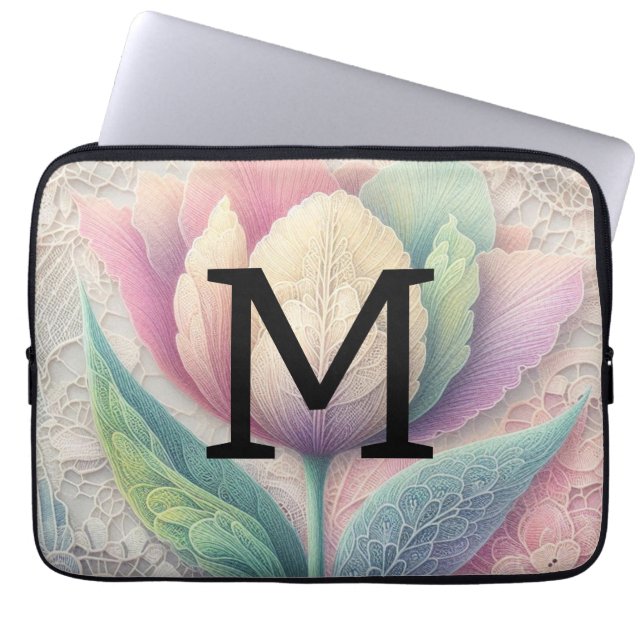 Monogram snöre blommigt rosa lila blå tulpanblomma laptop fodral (Framsidan)