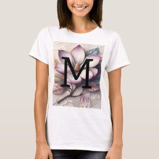 Monogram snöre blommigt rosa lila magnolia-blomma t shirt