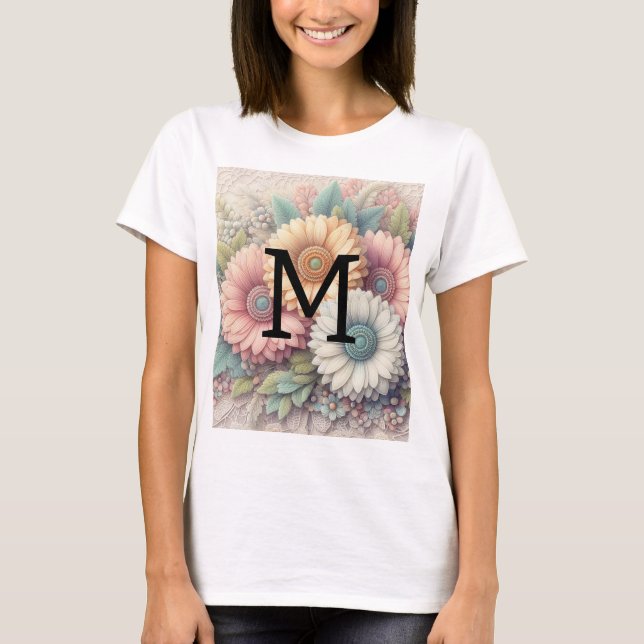 Monogram snöre blommigt rosa orange  gerbera daisy t shirt (Framsida)