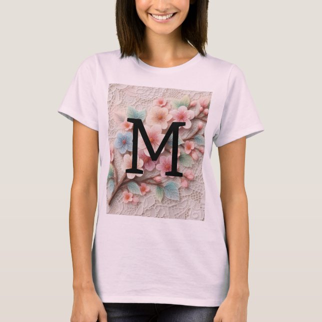 Monogram snöre blommigt rosa pastel cherry blommar t shirt (Framsida)