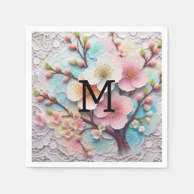 Monogram snöre rosa blommigt  pastel cherry blomma pappersservett (Framsidan)