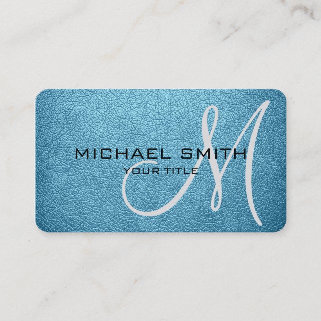 Monogram Snöstorm Blue Leather-utseende Visitkort (Framsida)