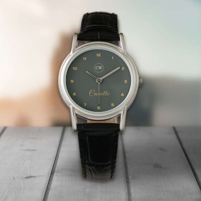 Monogram Snyggt Guld & Forest Grönt Armbandsur (Monogram Stylish Gold & Forest Green Watch)