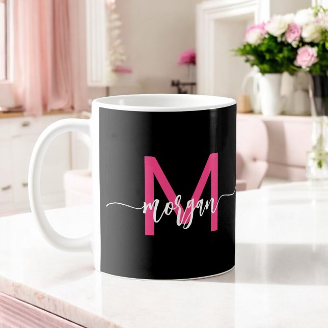 Monogram Snyggt Modern Shock rosa Black Kaffemugg (Skapare uppladdad)