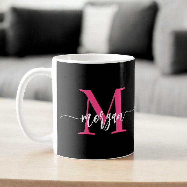 Monogram Snyggt Modern Shock rosa Black Kaffemugg (Skapare uppladdad)