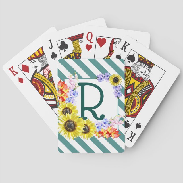 Monogram Solblommor Diagonal Teal Rand Casinokort (Baksidan)